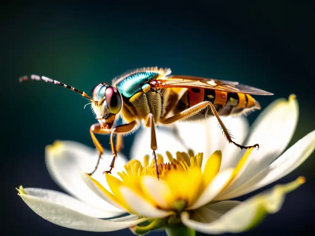 Fotografía nocturna de insectos: Detalle de un insecto en una flor, iluminado por la luar, con alas iridiscentes