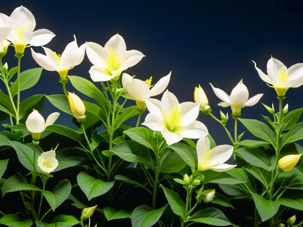 Jardín nocturno con flores para atraer polinizadores nocturnos, iluminado por la luna