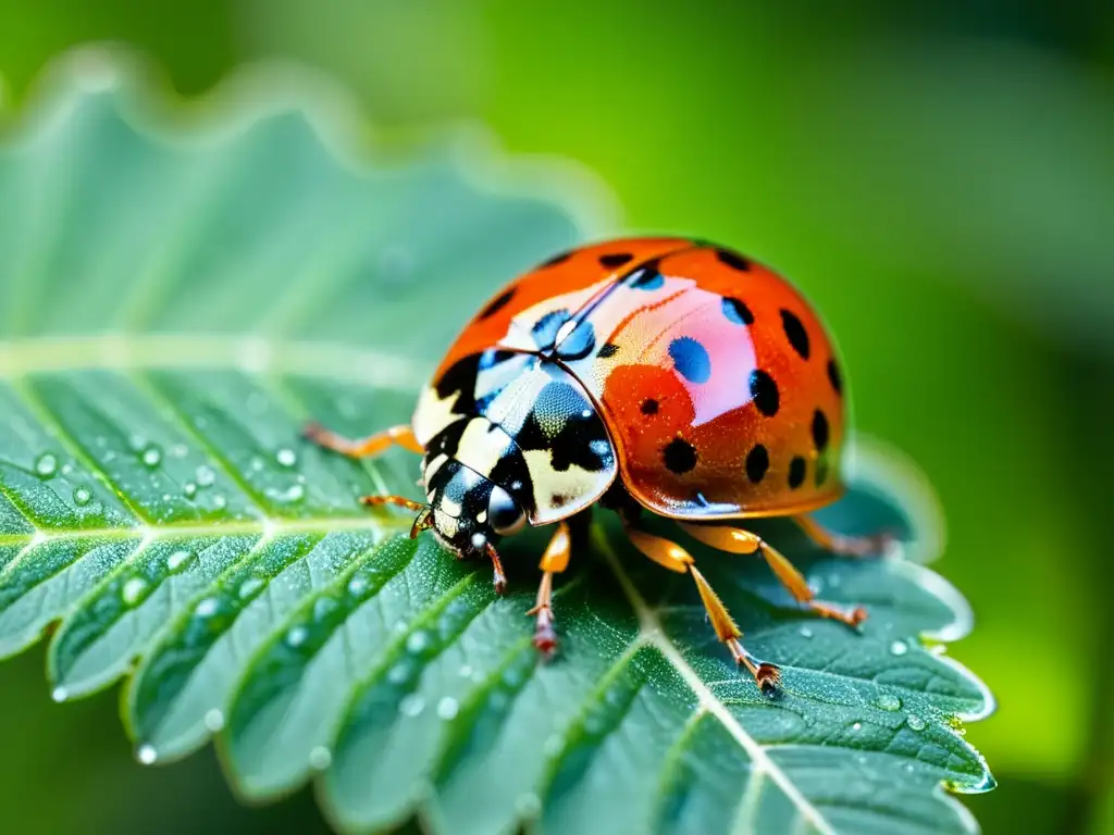 Nueva especie aliada para el control biológico: una mariquita detalladamente retratada sobre una hoja verde con gotas de rocío