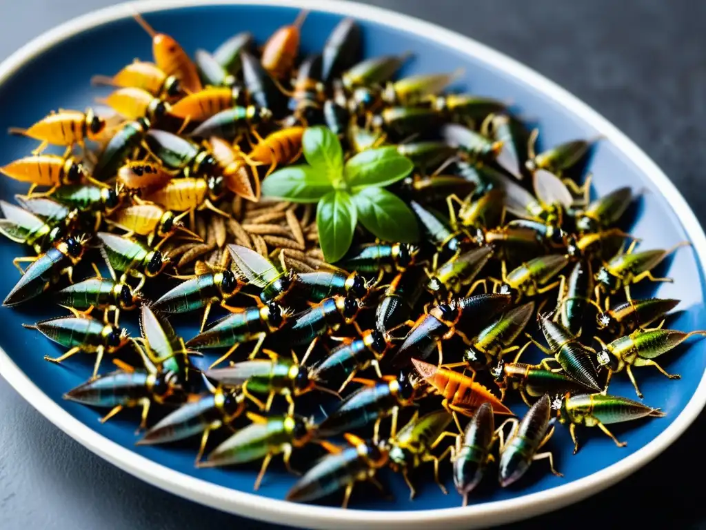 Una obra de arte culinaria con insectos asados coloridos, resaltando los beneficios proteicos de insectos para la nutrición humana