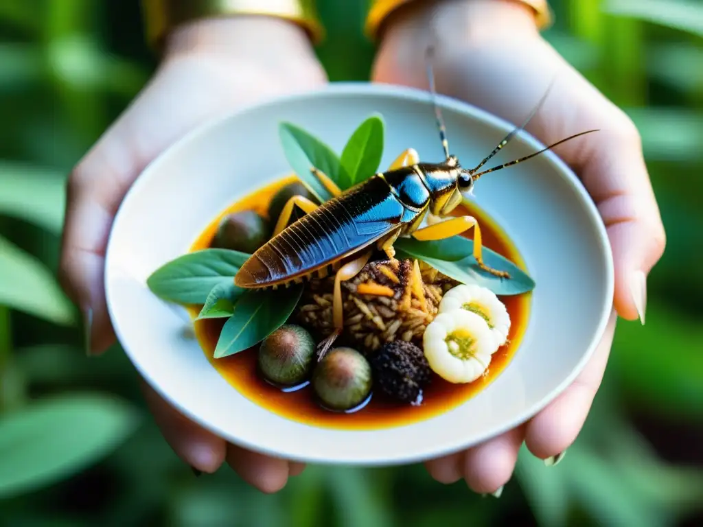 Una obra maestra culinaria: mano sostiene exquisito plato de insectos y hierbas, reflejando la evolución de la entomofagia a nivel mundial