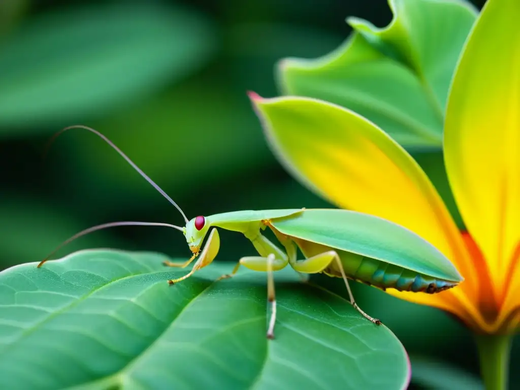 Una orquídea mantis verde vibrante posada delicadamente en un pétalo de flor tropical, mostrando sus intrincados patrones corporales camuflados