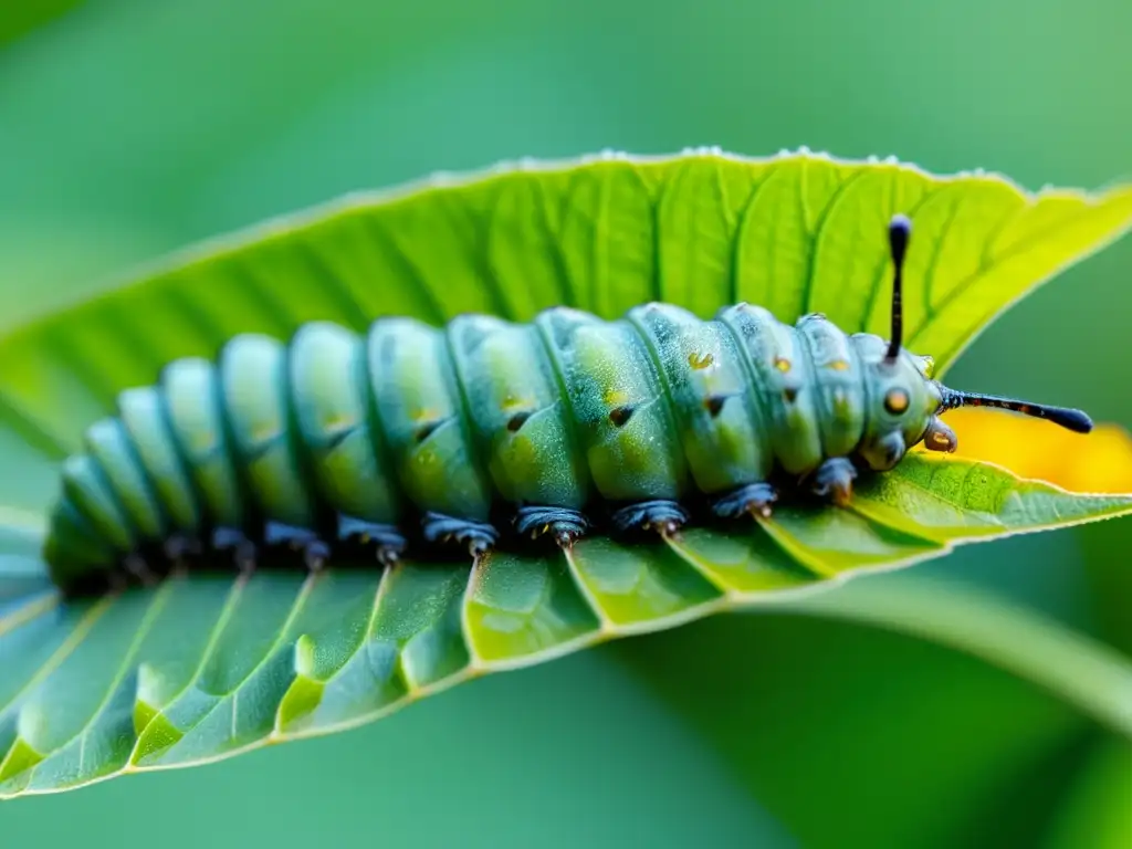 Una oruga se transforma en crisálida entre hojas y ramas, con detalles vibrantes y gotas de agua