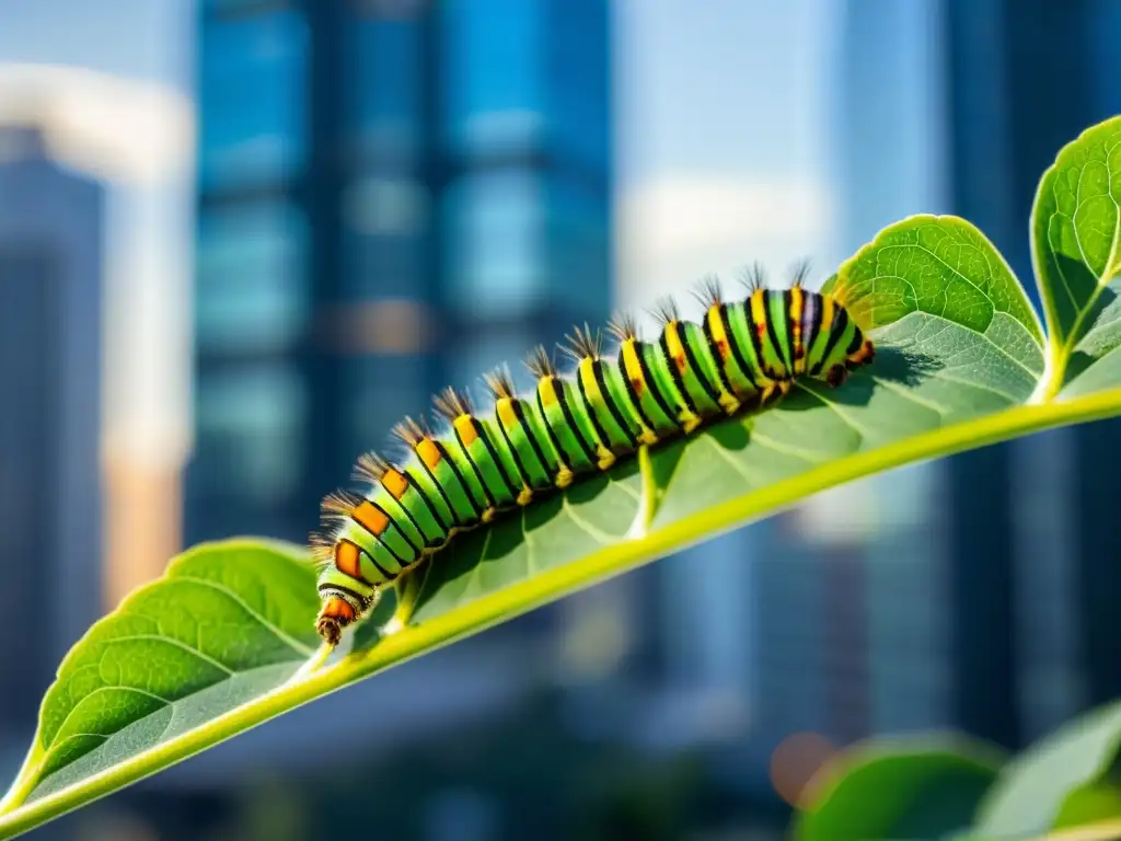 Una oruga se desplaza lentamente sobre una hoja verde, contrastando con el bullicio de la ciudad