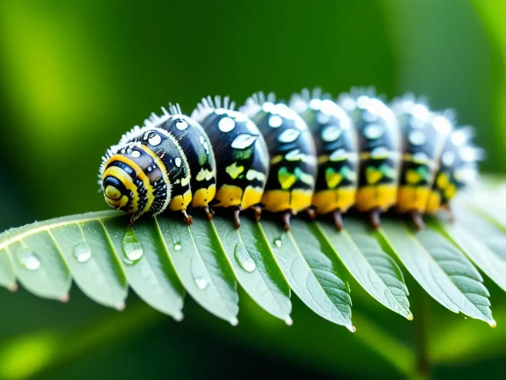 Una oruga se transforma lentamente entre hojas verdes con gotas de agua, preparándose para su adaptación de insectos a cambios