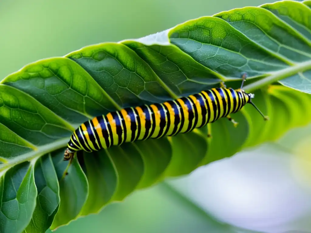 Una oruga de mariposa monarca se transforma en crisálida en una planta de algodoncillo, mostrando los efectos de los pesticidas en la metamorfosis