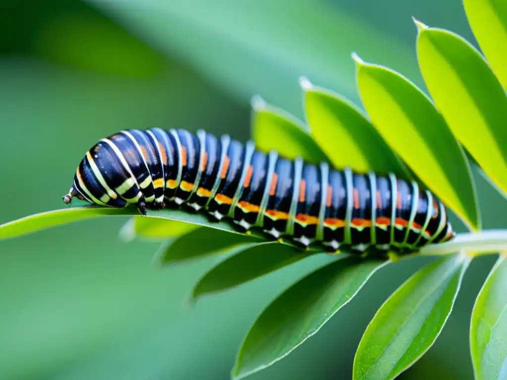 Una oruga de mariposa monarca en proceso de metamorfosis aferrándose a una hoja de algodoncillo, rodeada de exuberante vegetación