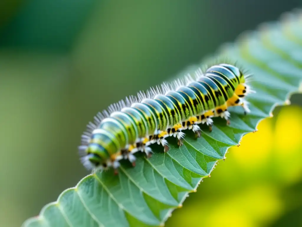 Una oruga asciende lentamente por el tallo verde, mostrando sus detallados patrones y pelos