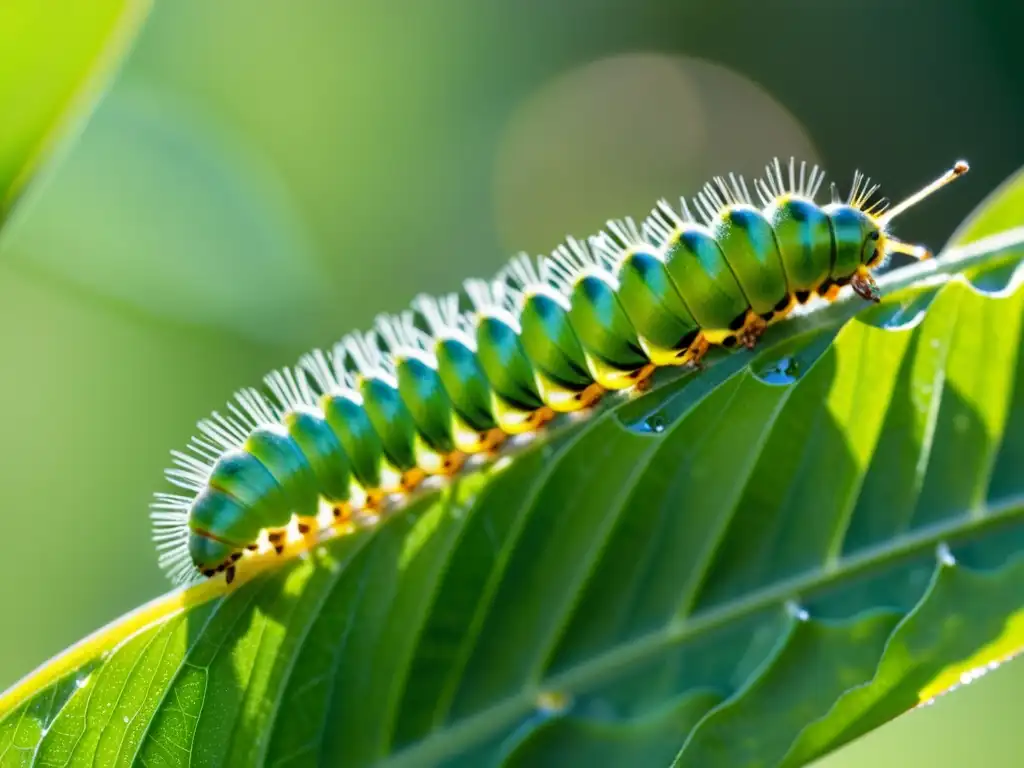 Una oruga verde vibrante se desplaza por una hoja bajo la luz del sol, mostrando sus detalles