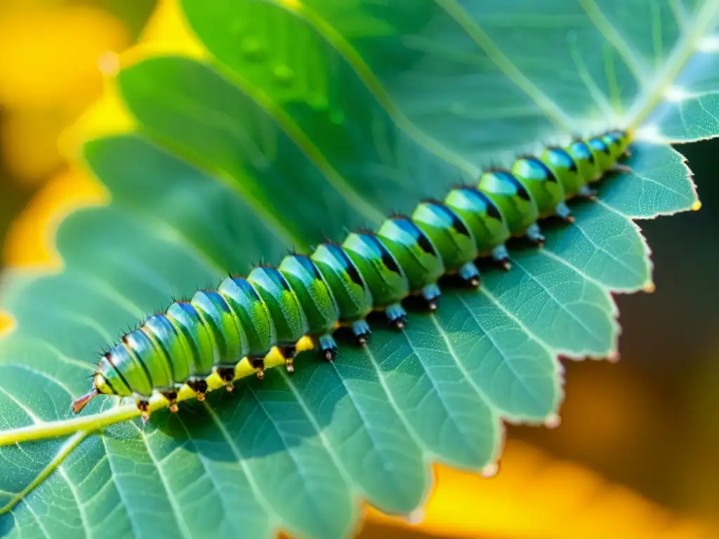 Una oruga verde vibrante se desplaza lentamente por una hoja, con detalles intrincados y texturas