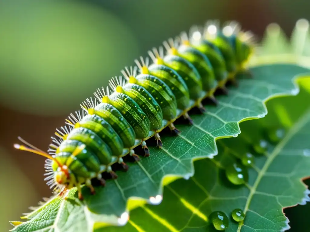 Una oruga verde vibrante se aferra a una hoja, con detalles intrincados y gotas de agua, en un ambiente natural