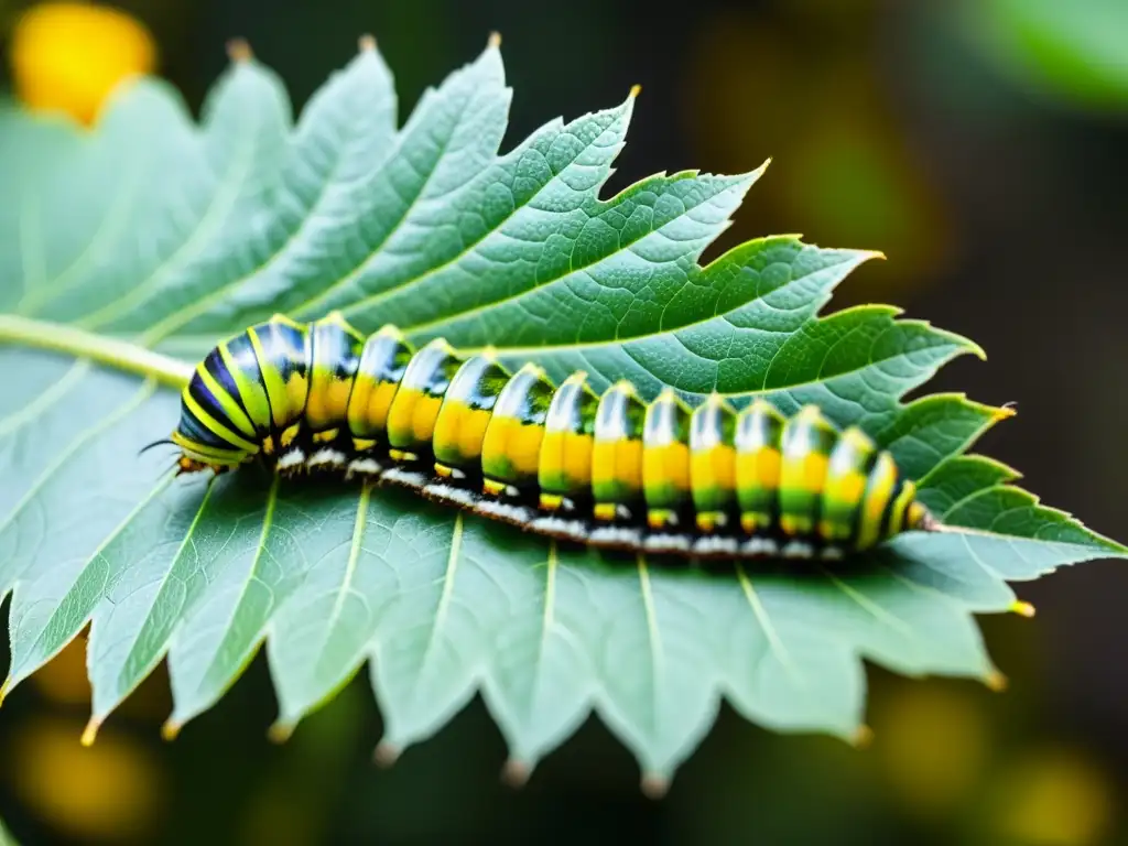 Una oruga vibrante se transforma bajo una hoja en un bullicioso parque urbano, destacando la metamorfosis de los insectos en entornos urbanos