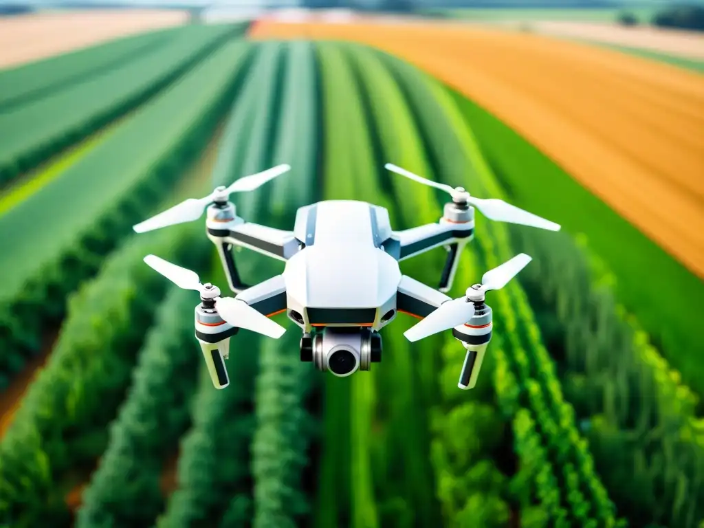 Un paisaje agrícola vibrante donde drones y robots trabajan en sinergia para la agricultura de precisión