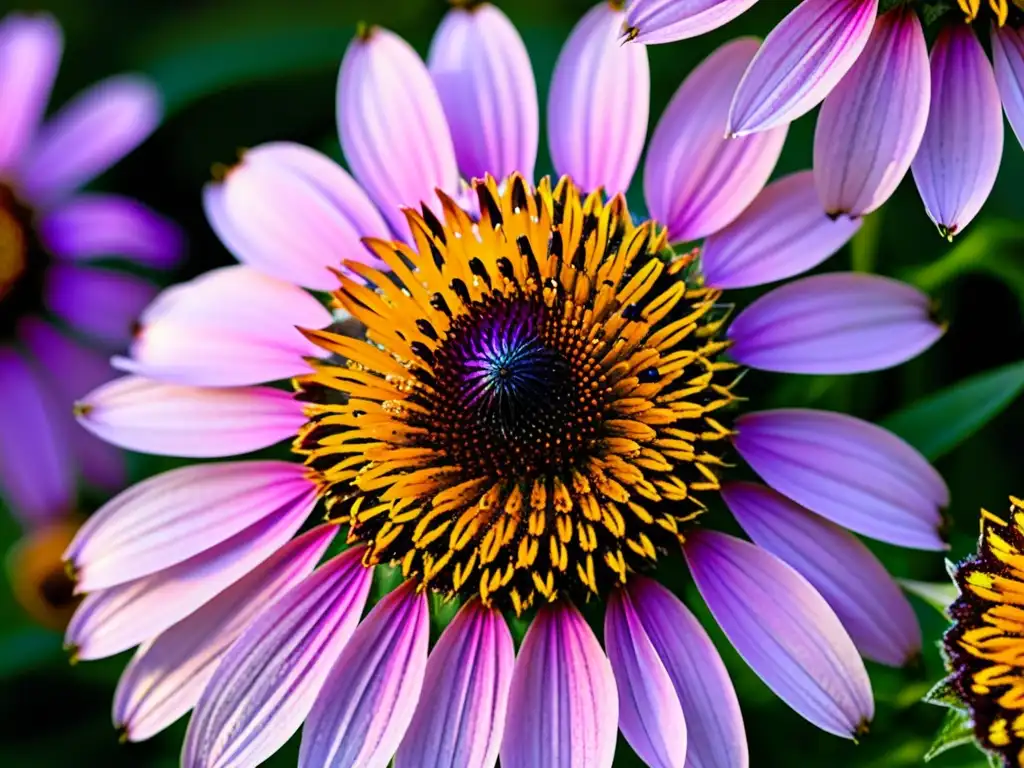 Un paisaje de vida, con insectos polinizadores en peligro, revoloteando alrededor de una coneflower púrpura vibrante