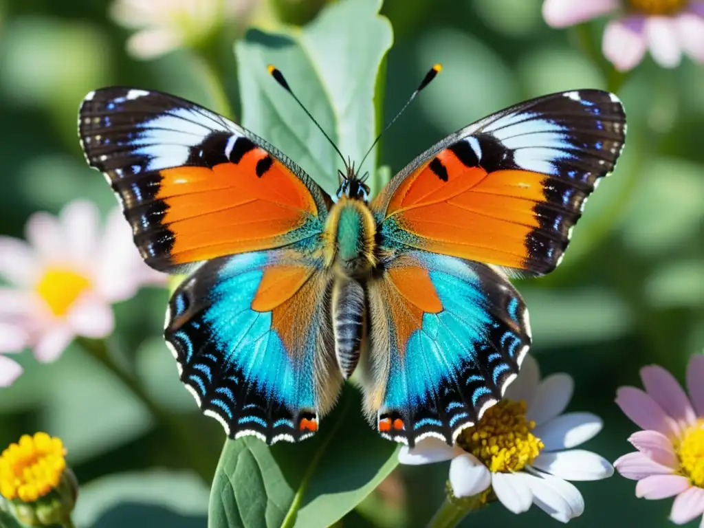 Evolución patrones camuflaje mariposas: Una mariposa descansa sobre flores, con alas coloridas y patrones intrincados