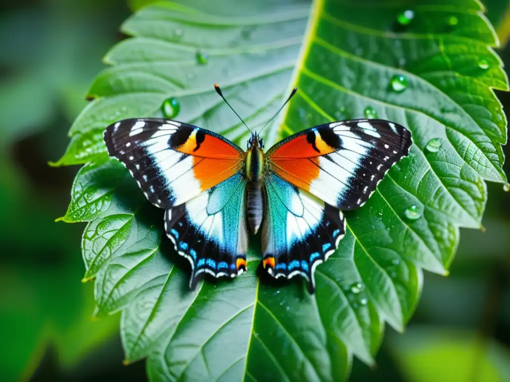 Mariposa en peligro de extinción descansa en hoja verde, con patrones iridiscentes