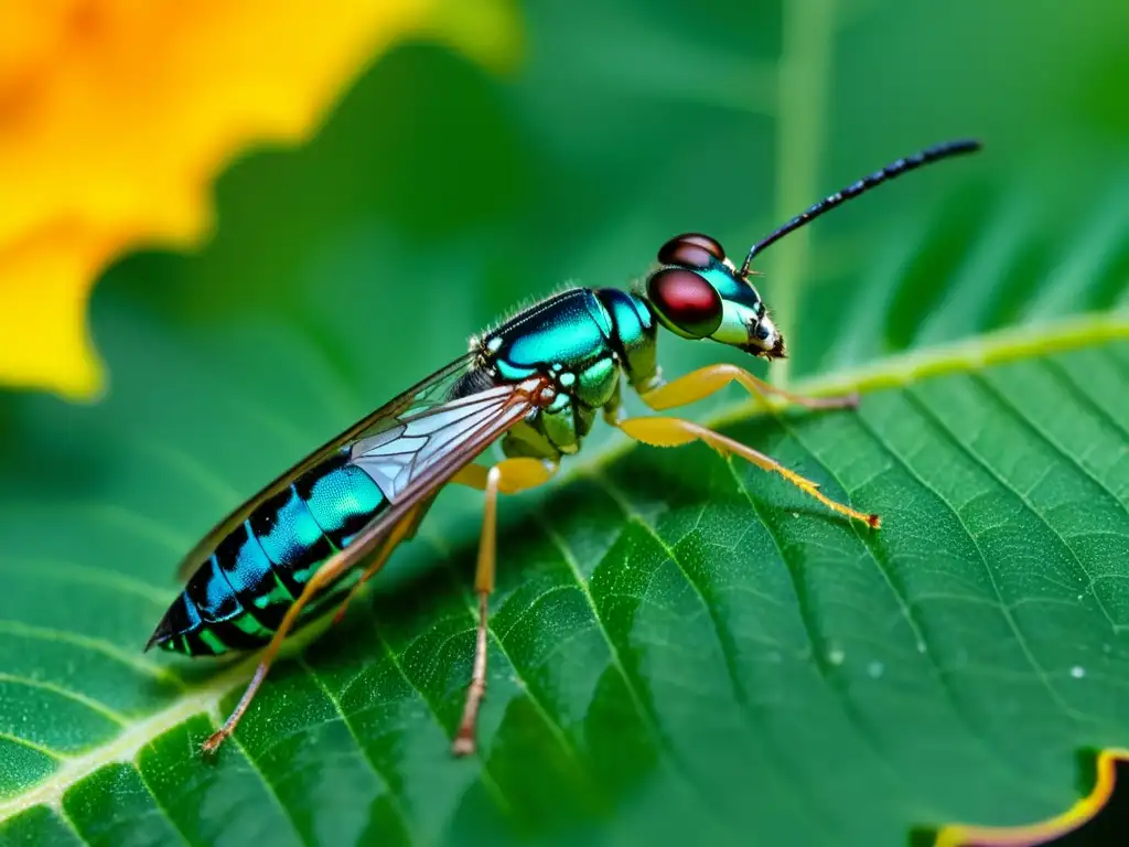 Pequeña avispa parasitoide cultivos posada en hoja, con cuerpo iridiscente y alas extendidas