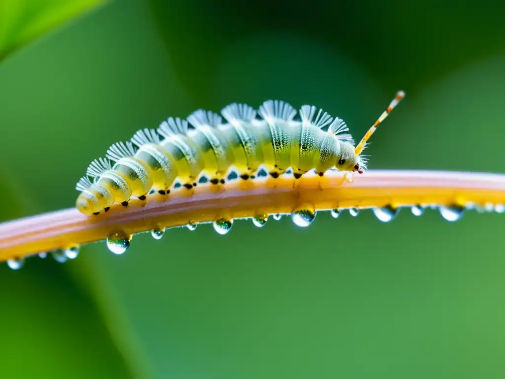 Pequeña oruga de polilla con detallada piel transparente, suspendida de una hoja con gotas de rocío