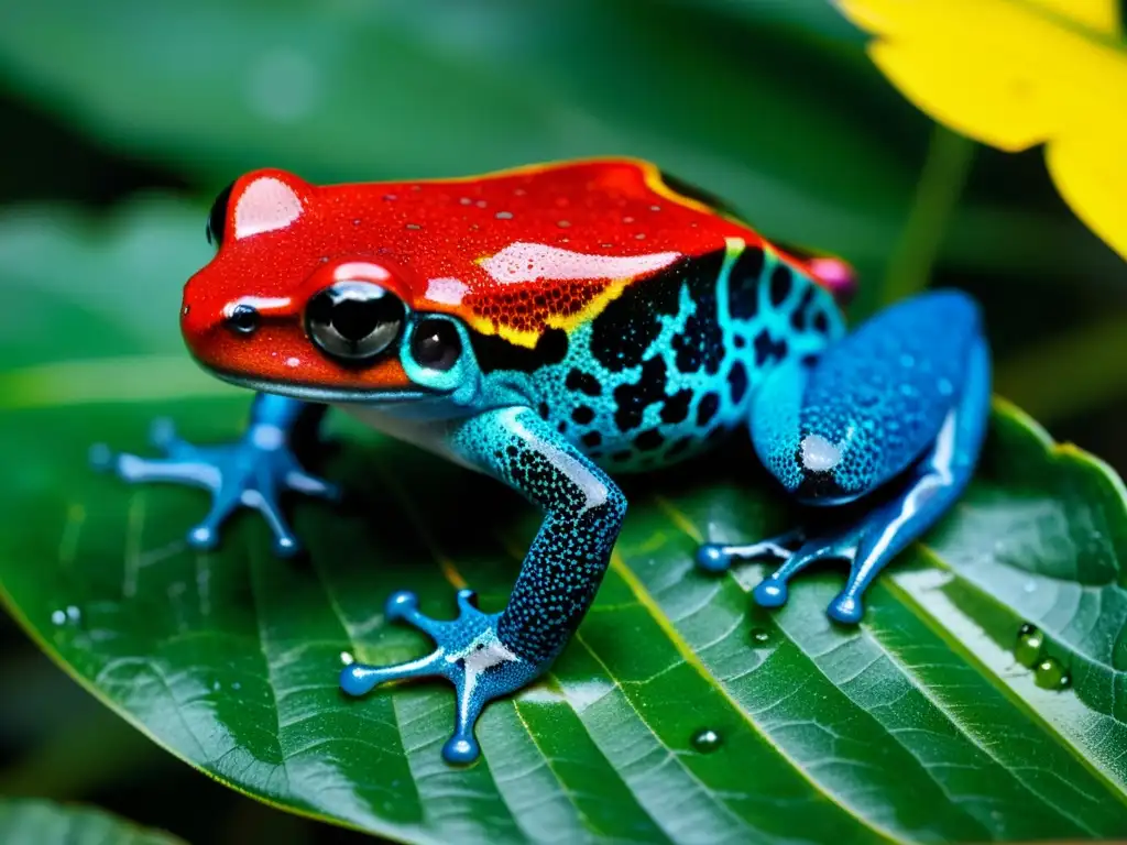 Pequeña rana venenosa de colores vibrantes en la hoja de la selva, con patrón de piel intenso y gotas de agua brillantes