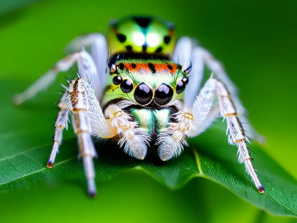 Pequeña araña saltarina verde en una hoja, con técnicas de caza astutas insectos, reflejando la naturaleza circundante en sus ojos iridiscentes