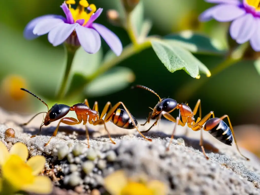 Pequeñas hormigas polinizadoras entre flores, resaltando la importancia de los insectos polinizadores en los ecosistemas globales