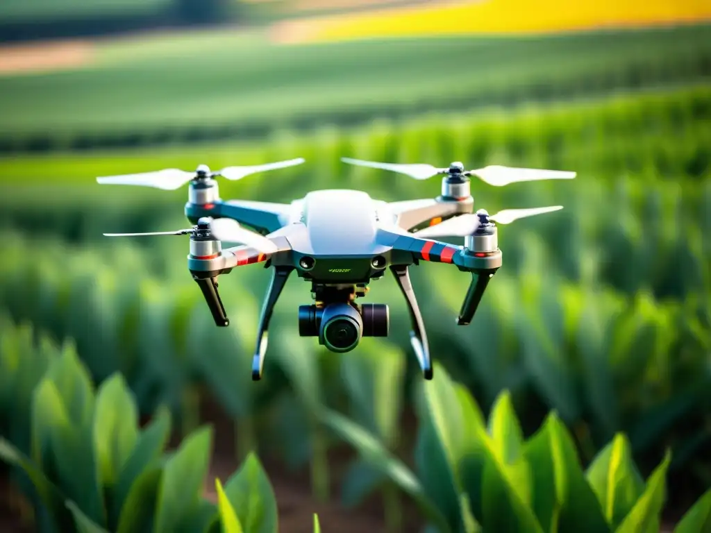 Pequeño dron agrícola sobrevolando un campo verde vibrante, mostrando tecnología avanzada para el manejo integrado de plagas en agricultura sostenible