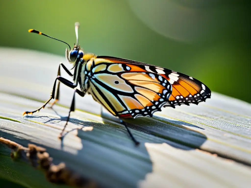 Pequeño dispositivo de rastreo satelital de tecnología avanzada integrado en el exoesqueleto de un insecto migratorio, como una mariposa monarca