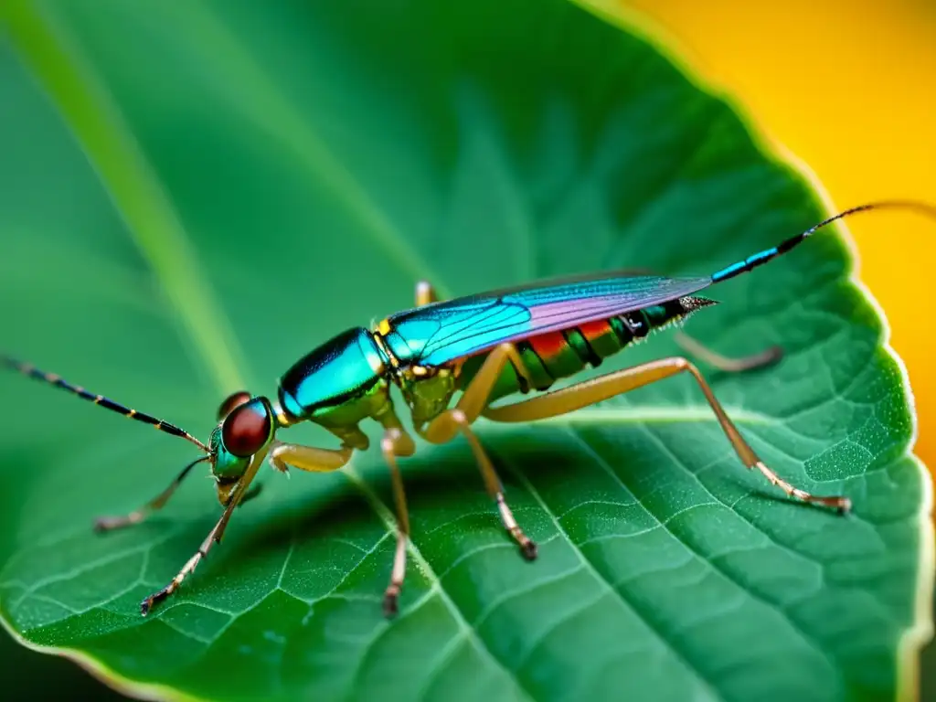 Pequeño insecto en hoja, delicadas patas, exoesqueleto iridiscente, antenas extendidas, ojos compuestos brillantes, naturaleza exuberante