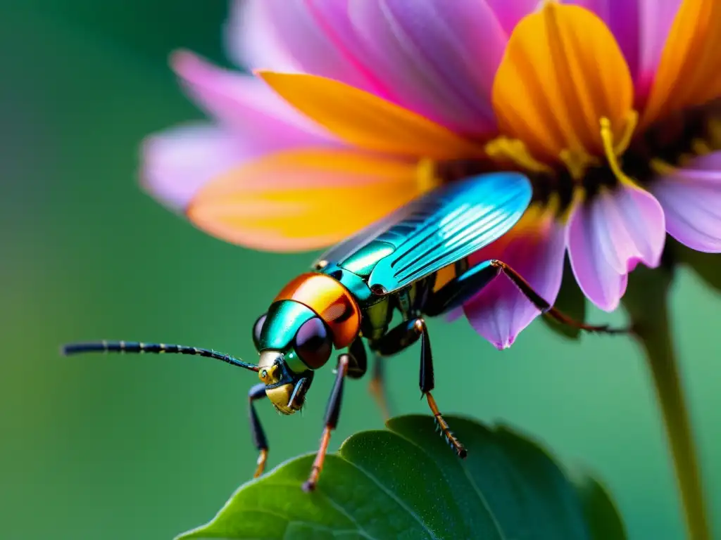 Pequeño insecto robótico tecnológico cerca de una flor, mostrando innovaciones tecnológicas para conservación de insectos