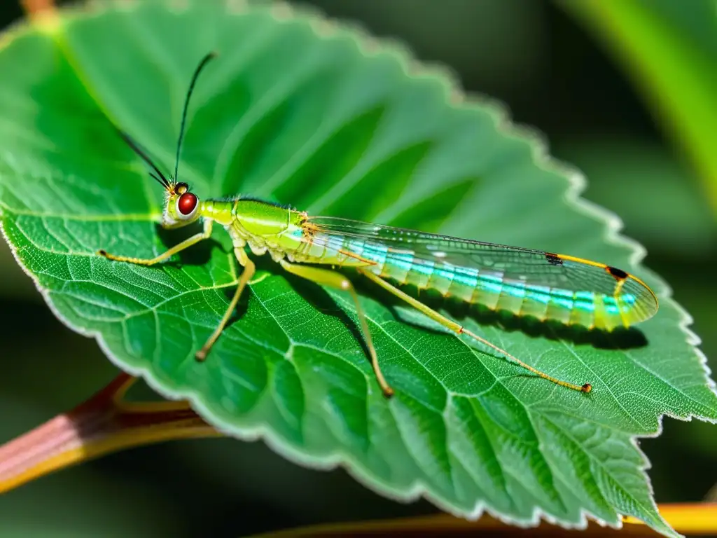 Un pequeño insecto verde descansa en una hoja, mostrando sus detalles y alas traslúcidas bajo la luz del sol