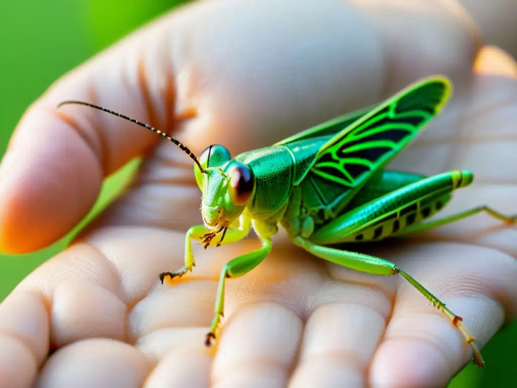 Una persona sostiene con delicadeza un saltamontes verde vibrante, expresando respeto y curiosidad por la degustación de insectos comestibles