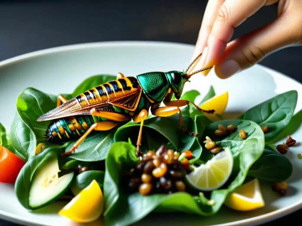 Una persona esparciendo grillos sobre una ensalada vibrante