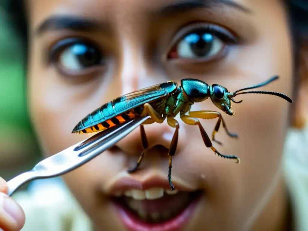 Una persona sostiene cuidadosamente un tenedor con un insecto cocido, mostrando cada detalle