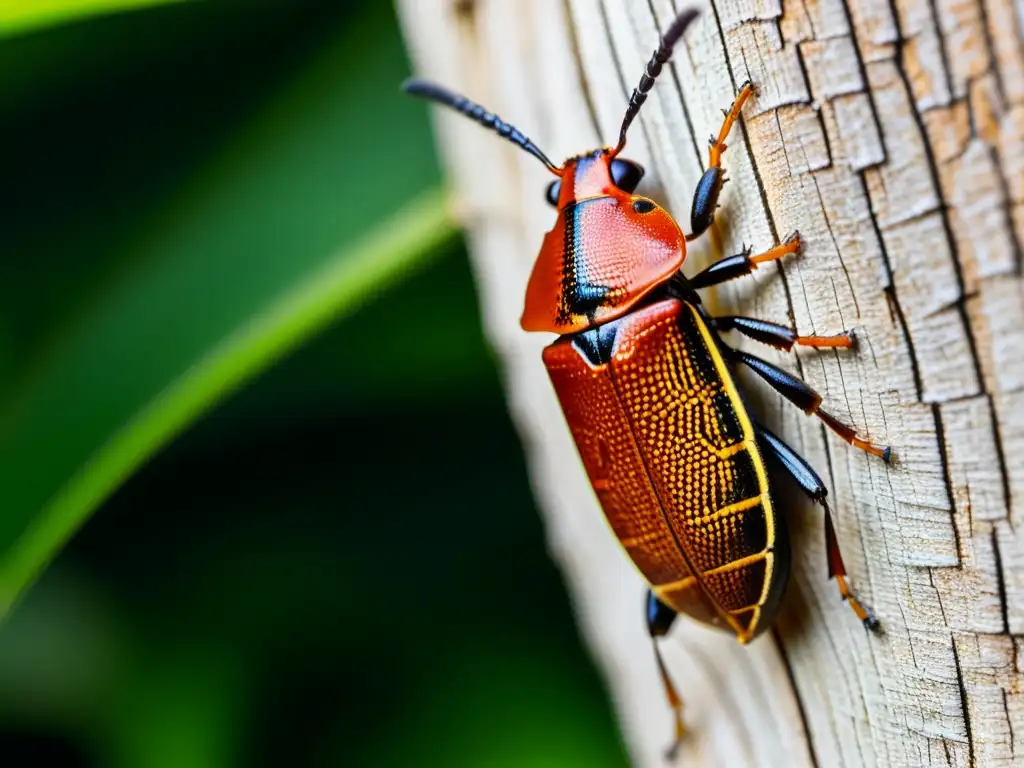 Un picudo rojo detallado descansa en el tronco de una palmera