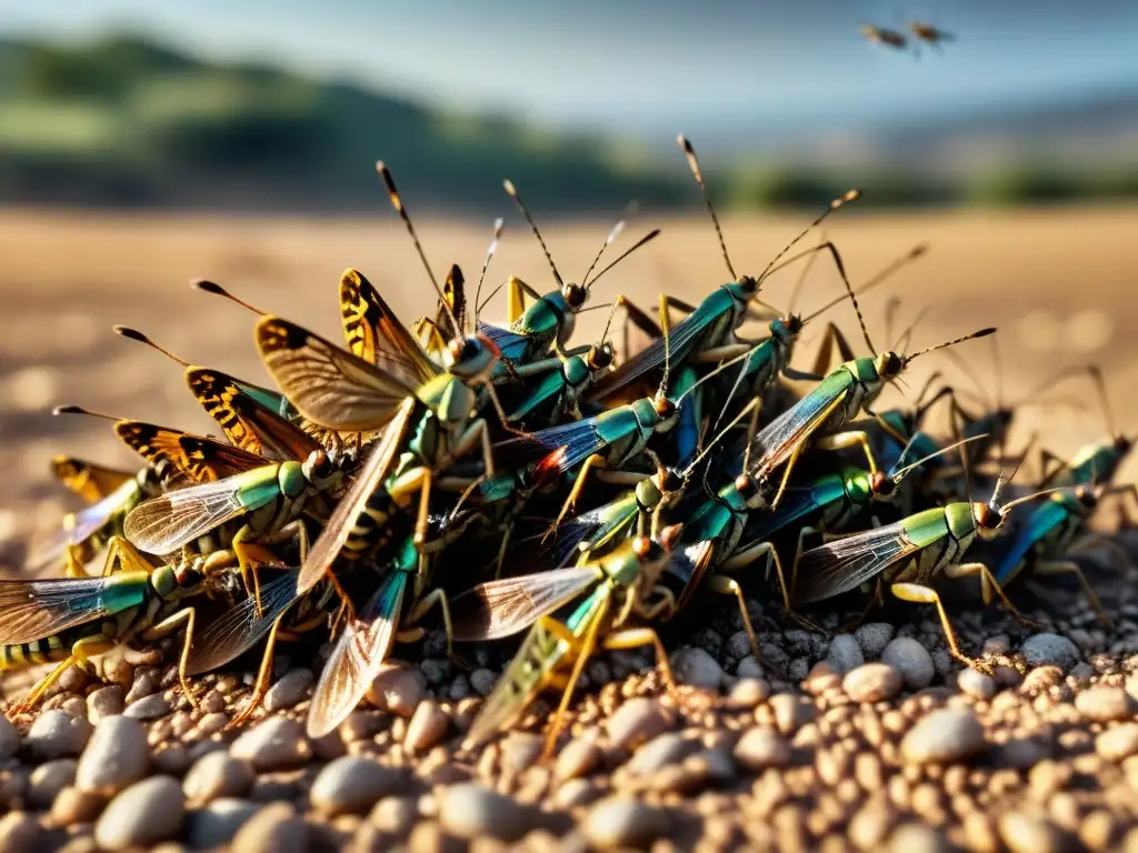 Una plaga de saltamontes y langostas desciende sobre el campo, con la luz del sol resaltando sus alas iridiscentes