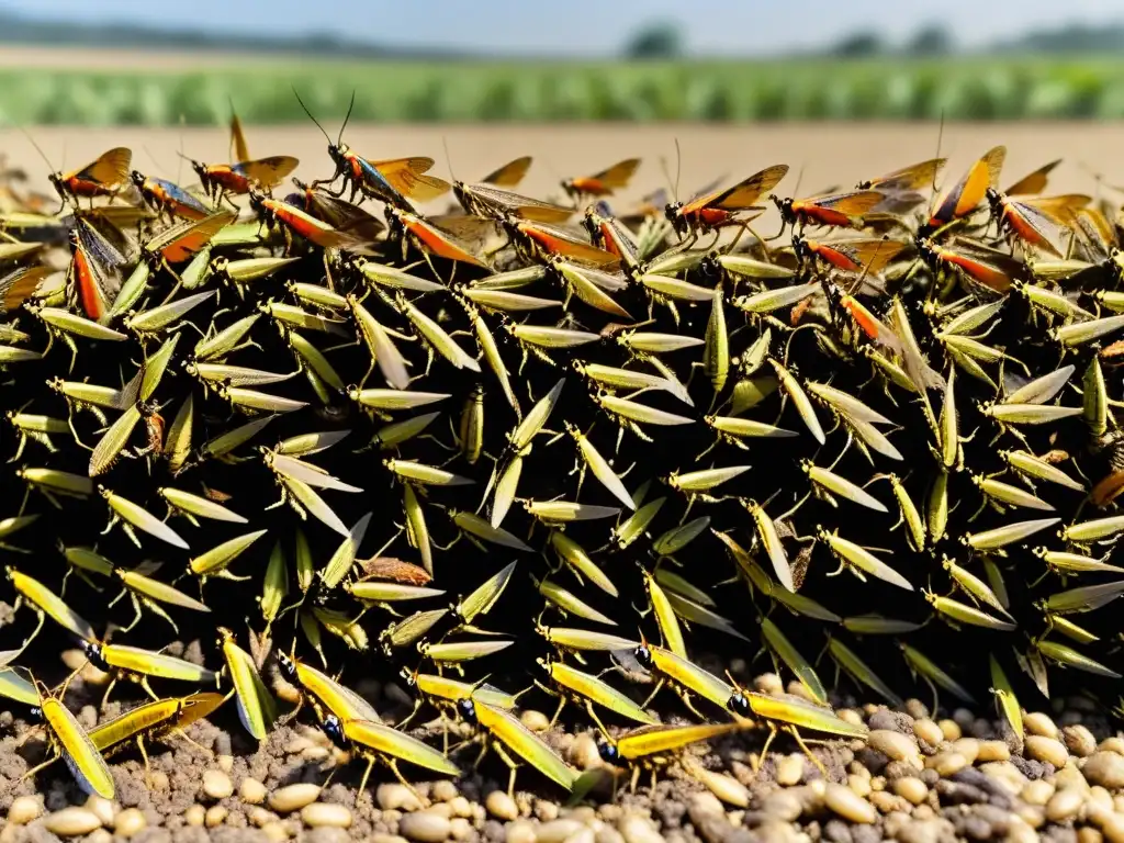 Una plaga de saltamontes y langostas desciende sobre los cultivos, mostrando el intenso y fascinante comportamiento de los insectos