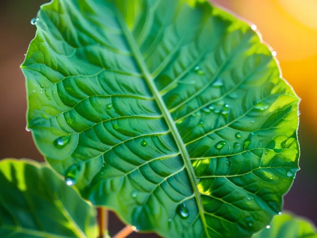 Planta de albahaca brillante con gotas de agua, hojas verdes y luz de la mañana