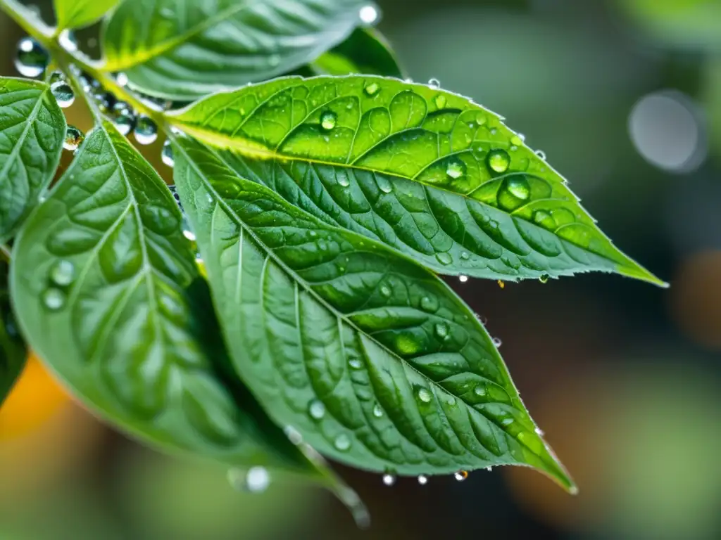 Planta de albahaca con gotas de rocío y telarañas, perfecta para jardinería con plantas repelentes de insectos