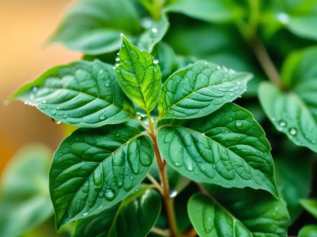 Planta de albahaca verde con gotas de agua, mostrando sus venas y pelos