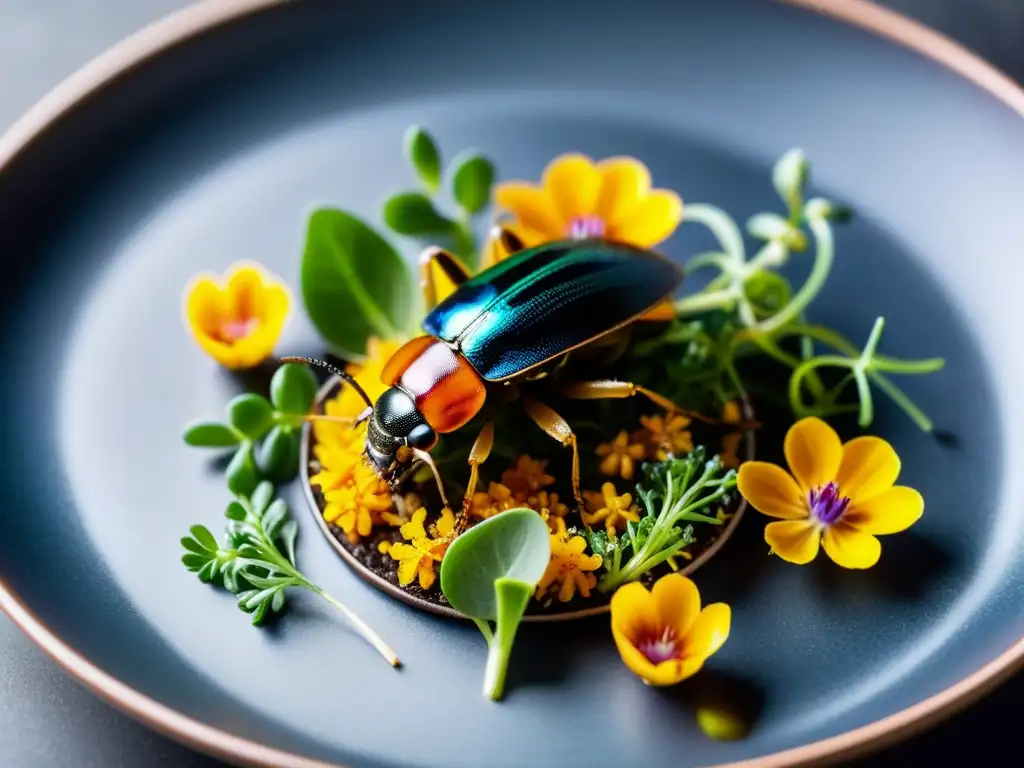 Plato colorido con insectos, microgreens y flores