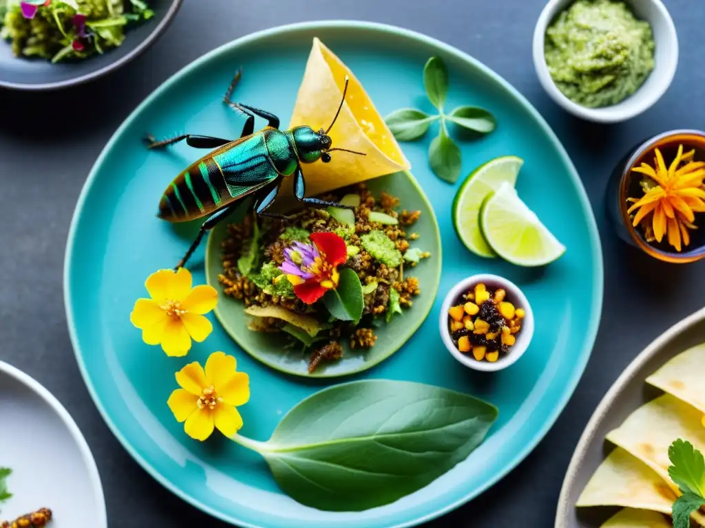 Plato festivales comida insecto mundo, con tacos de grillos crujientes, rollitos de gusanos de harina y guacamole de hormigas