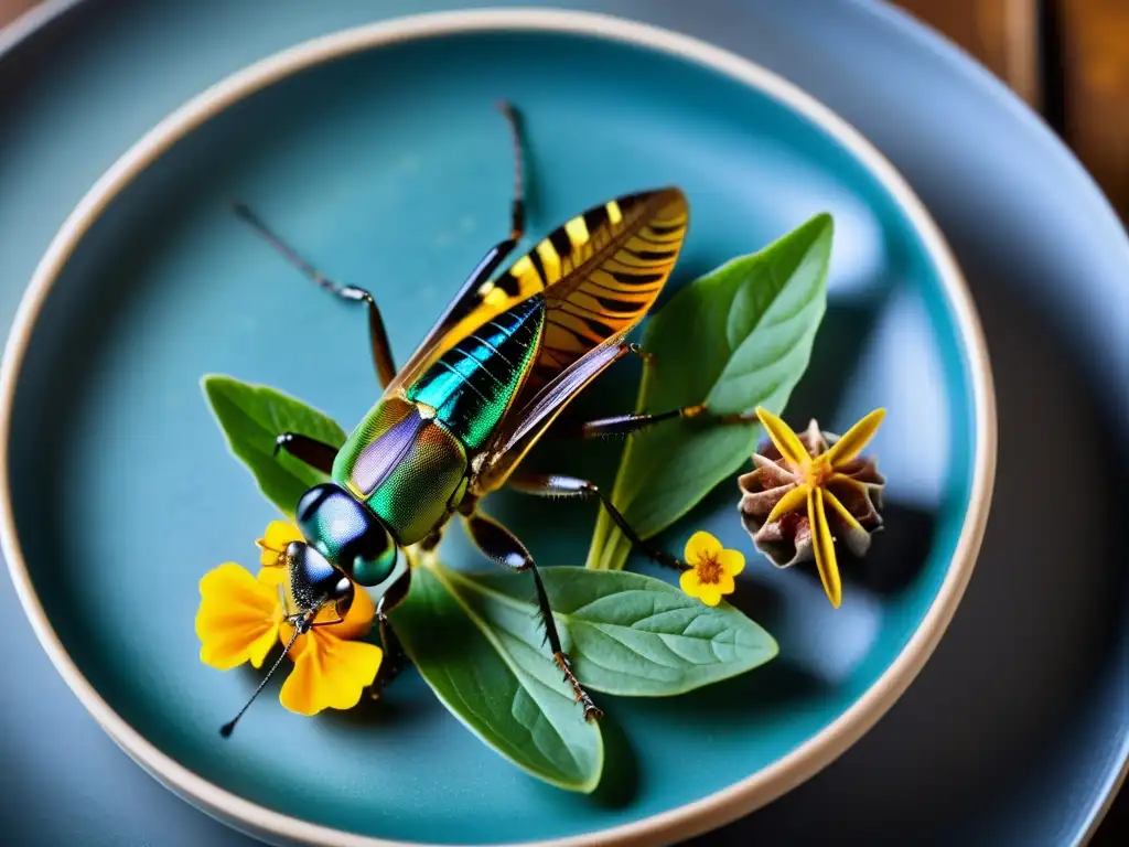 Plato gourmet con insectos cocinados, destacando la innovación culinaria