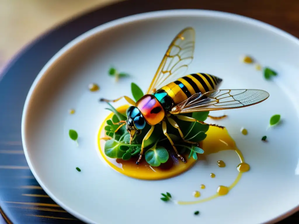 Plato gourmet con insectos exóticos y microgreens vibrantes en porcelana blanca