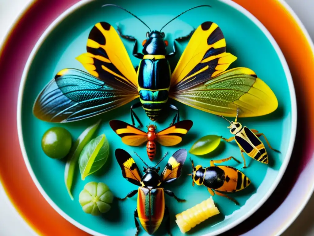 Plato de insectos comestibles en diferentes culturas, destacando su belleza y diversidad