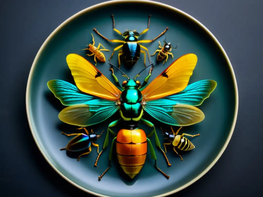 Plato de insectos comestibles con detalles ultradetallados, en un fondo oscuro con iluminación dramática