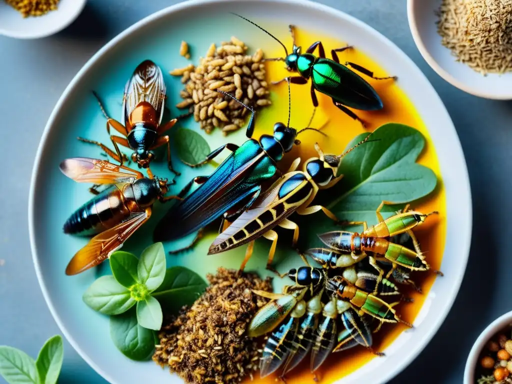 Plato de insectos comestibles con variedad de especias y hierbas, iluminados con luz natural