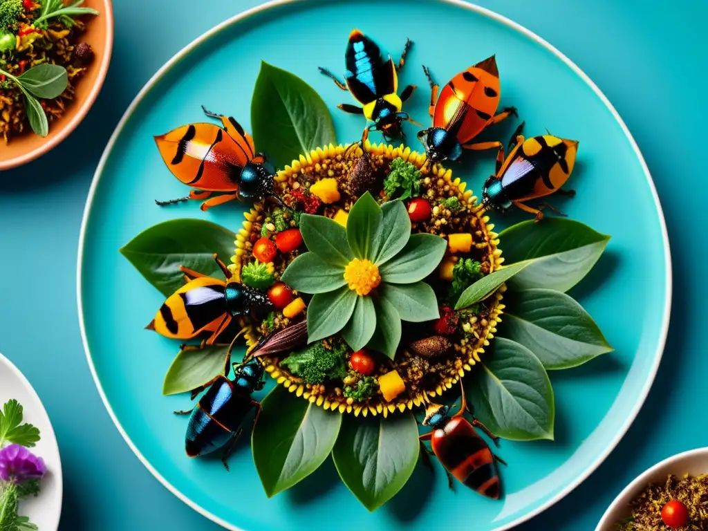 Plato de insectos gourmet, con detalles vibrantes y texturas exquisitas