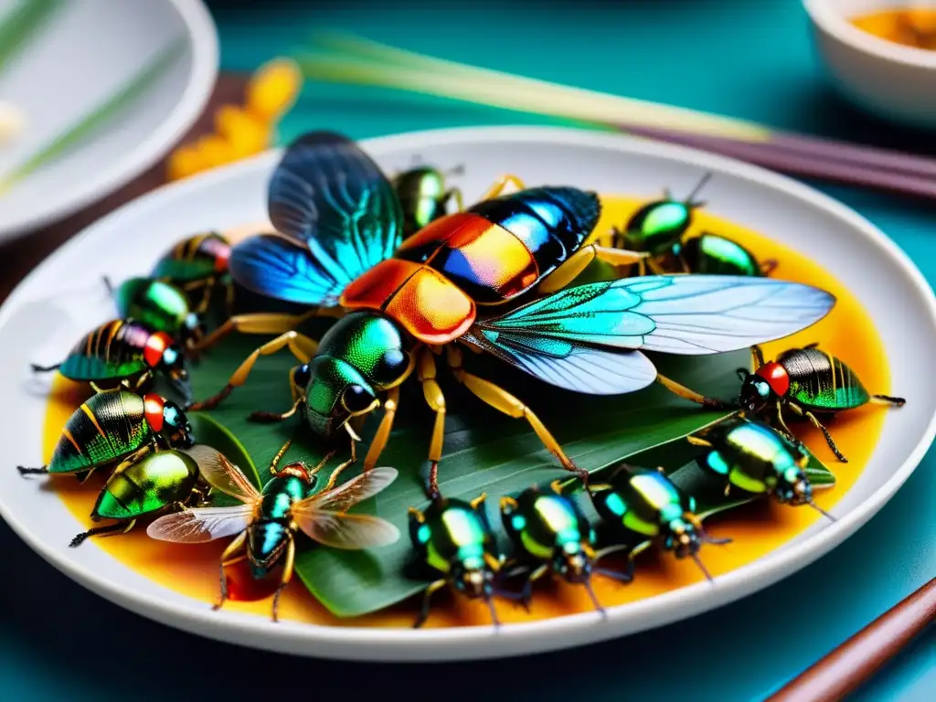 Un plato de insectos salteados con colores vibrantes y detalles exquisitos, en una ruta gastronómica entomofagia mundial