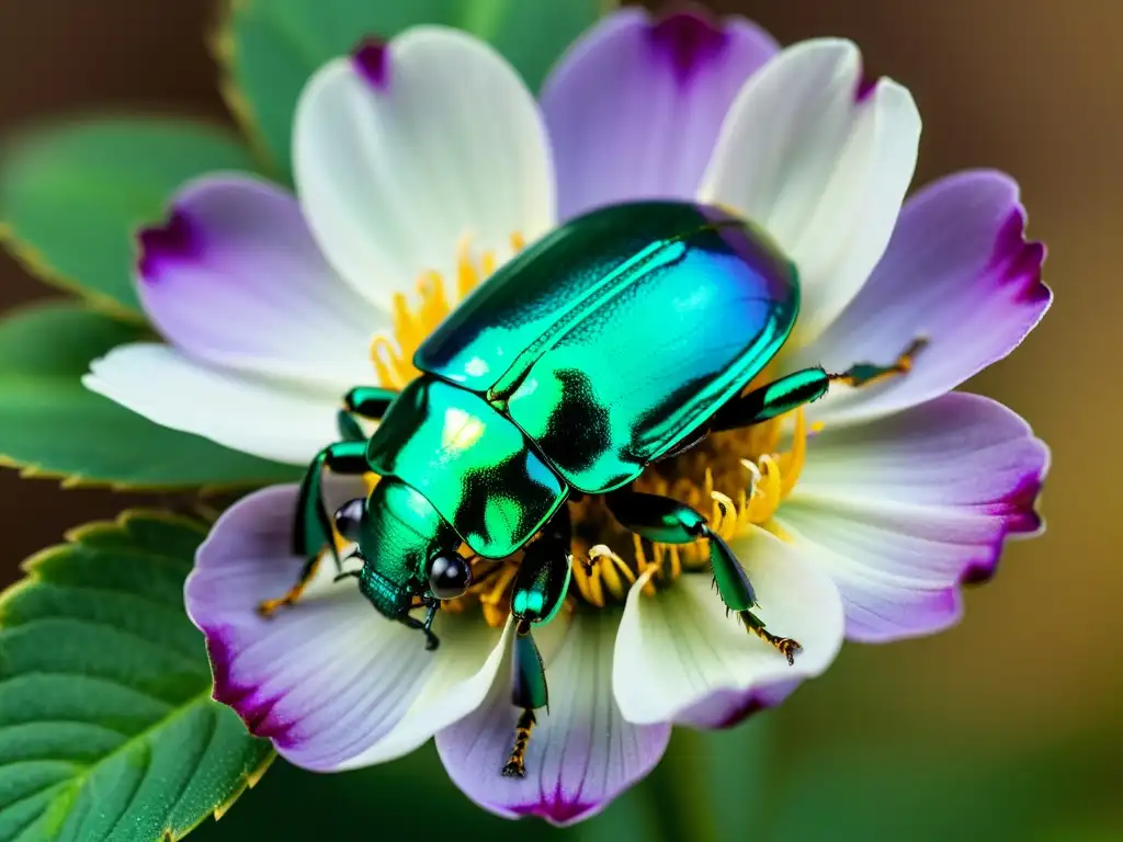 Podcasts entomológicos para aprender: Detalle asombroso de un escarabajo metálico verde sobre una flor morada, revelando su belleza iridiscente