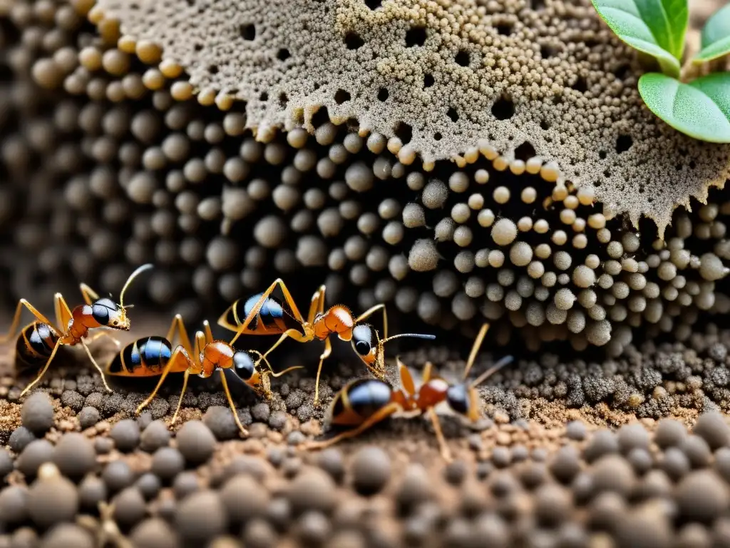 Poder de las colonias de insectos: Hormigas obreras moviéndose en patrones intrincados alrededor de la entrada de su nido subterráneo